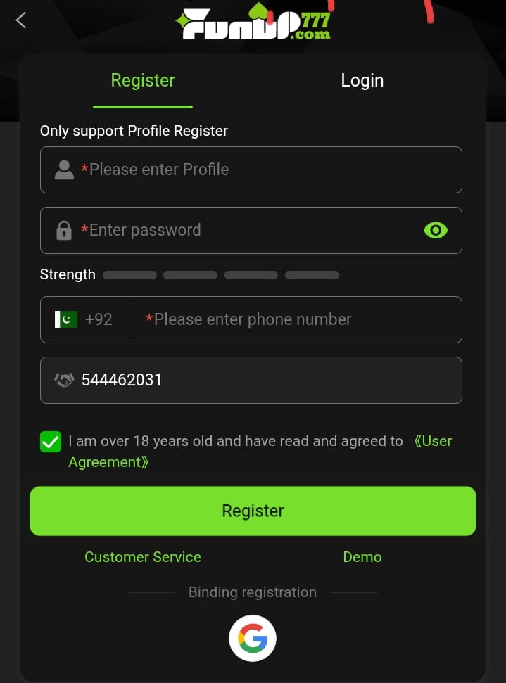 FunUP777 Game register
