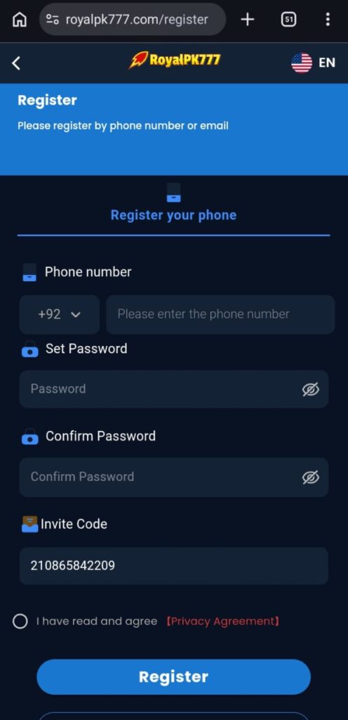 Royal PK777 Game Register
